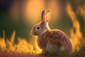 illustration of cute rabbit with blur nature background with sunlight