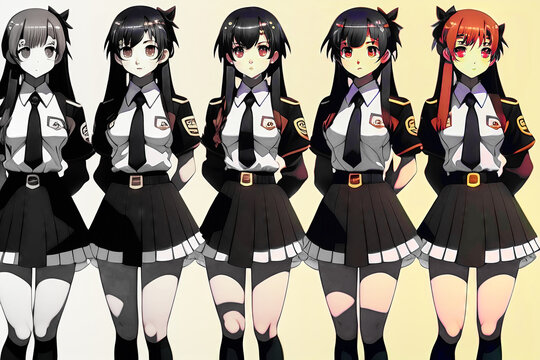 Anime manga girls in short pleated skirts with white shirt and black tie, fading from black and white to color, made with generative ai