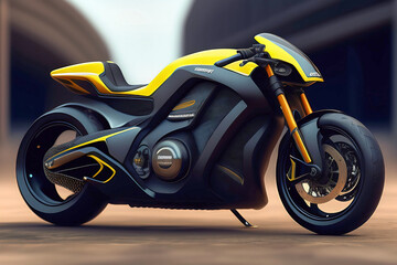 Futuristic unreal black-yellow motorcycle with big electric motor, made with generative AI