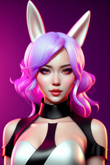 purple eyed bunny anime character with purple hair, in black dress, 3d rendering