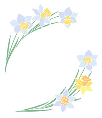 Frame with daffodil flowers with stems and leaves