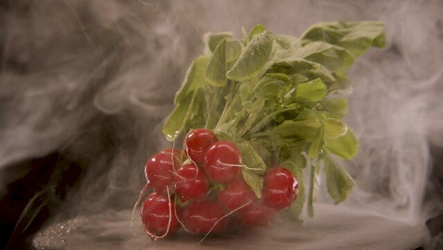 ein frischer Bund Radieschen umgeben von Dampf