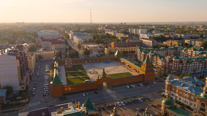 Yoshkar-Ola, Russia. Cathedral of the Resurrection of Christ. Tsarevokokshaysky Kremlin. City Center During Sunset, Aerial View