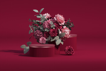 Viva magenta is a trend colour year 2023. 3D podium display with rose flowers and gifts, palm leaf .Pedestal for beauty, cosmetic product. Valentine, feminine copy space template 3d render	