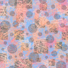 Seamless pattern of abstract elements, squares and circles with texture on a blue background for textile.