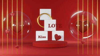 3D rendering of backdrop for displaying products for Valentine's Day red scene podium