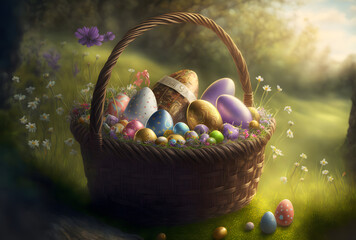 Chocolate wrapped easter eggs in a basket, outdoors among flowers, generative AI