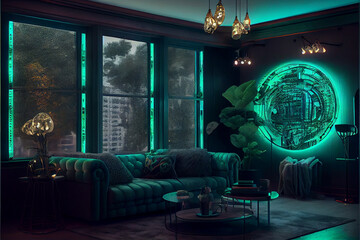 Futuristic modern cyberpunk living room design, stunning Lavish apartment - generative ai