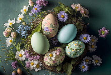Painted easter egg nest with flowers, generative AI
