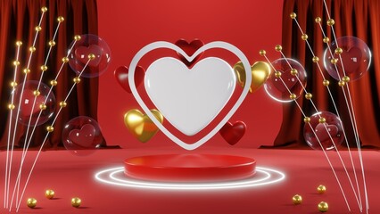 3D rendering of backdrop for displaying products for Valentine's Day red scene podium