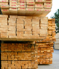 Stacked timber. Timbers ready for sale on the timber site. Withstanding timber.