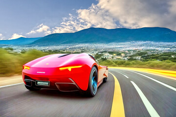 Rear view of a red unreal sports car driving on the highway towards a city in the distance, made with generative AI