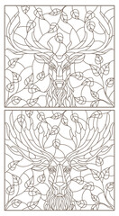 A set of contour illustrations in the style of stained glass with deer and elk heads, dark contours isolated on a white background