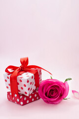 Gift box with pink rose on background. Vertical. Birthday, February 14, International Women's, Mother's Day and March 8. Copy space