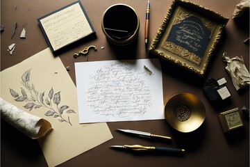 a desk with a note, pen, ink, and a picture frame on it with writing on it and a gold plate with a gold cup and a pen and a gold plate with a.