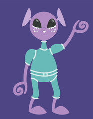 Alien waving hand. Character in cartoon style.