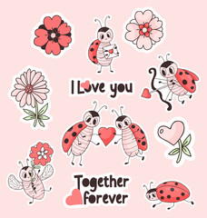 Collection stickers ladybug and love. Cute insect ladybird with flower and letter, couple in love with heart and cupid beetle with an arrow. Vector isolated drawings for design, valentine, print © Ludmila