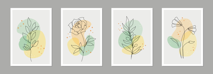 One line art flower poster set. Single continuous line leaf, flower minimal design background. Botanical abstract art for print, wallpaper. Vector illustration