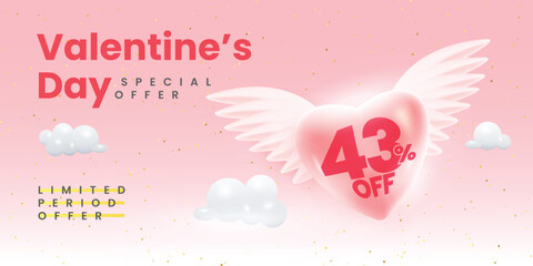 Valentines day sale offer concept. 3d wings with heart in clouds. offer written on heart