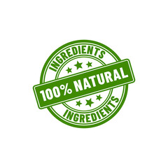 100% natural ingredients or Natural ingredients product icon vector. Organic ingredients green label stamp. 100% natural ingredients, organic bio pharmacy and natural skincare cosmetic product.
