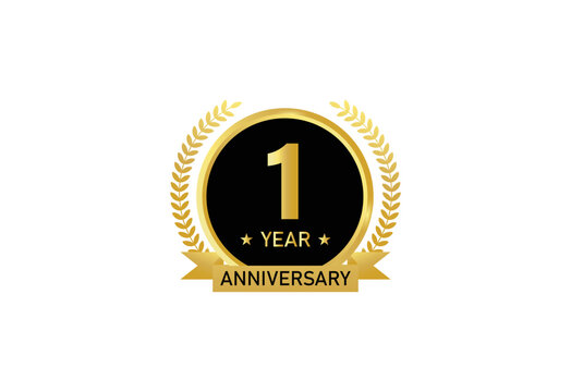 1 year anniversary celebration. Anniversary logo with ring and elegant golden color isolated on white background, vector design for celebration.