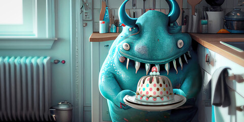 funny green monster gives a cake in the kitchen of the house to his beloved girlfriend or wife to a friend . make gifts to your family and loved ones, ai generated, 