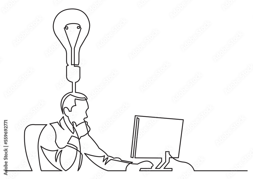 Sticker continuous line drawing businessman working behind computer on idea PNG image with transparent background