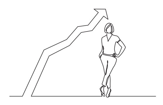 continuous line drawing confident woman posing standing with rising chart PNG image with transparent background