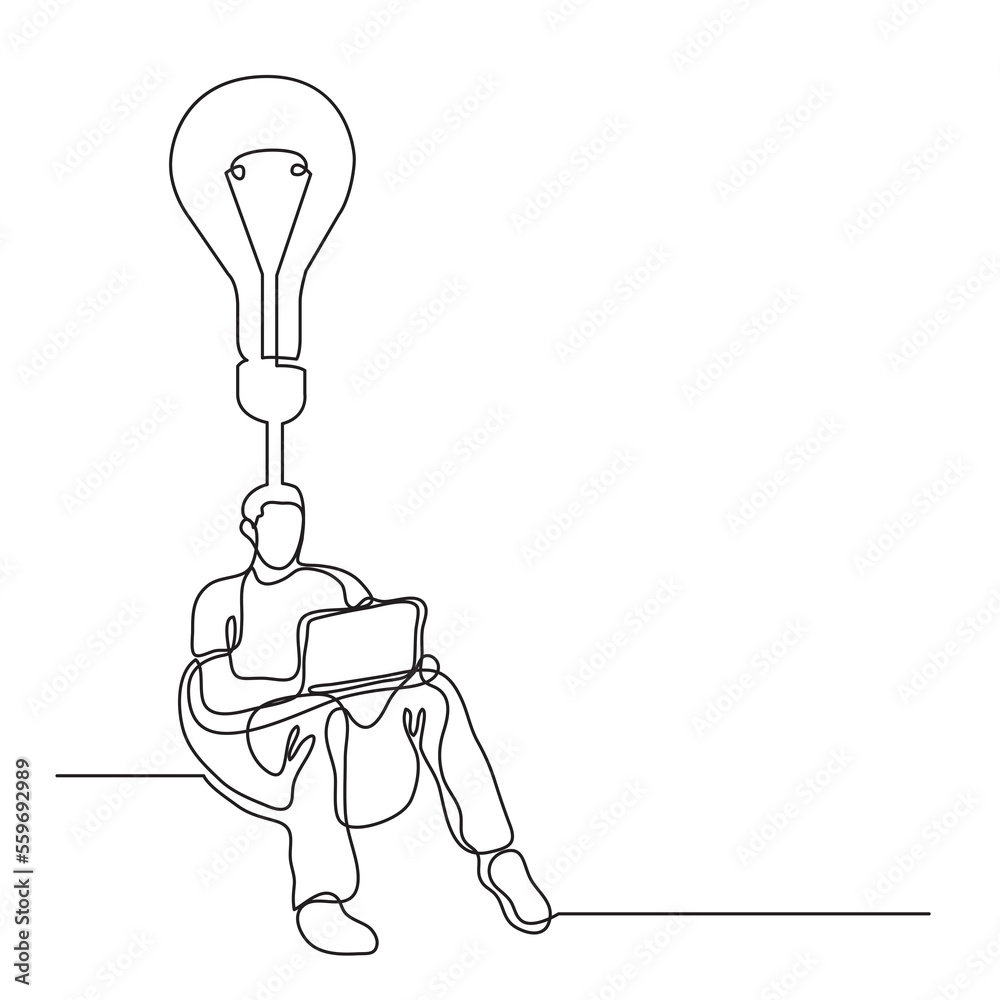 Wall mural continuous line drawing man sitting with laptop finding new idea PNG image with transparent background