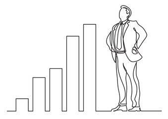 continuous line drawing happy confident standing businessman with increasing charts PNG image with transparent background