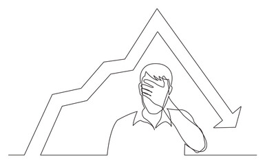 continuous line drawing man hiding his face in despair because of declining chart PNG image with transparent background