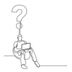 continuous line drawing man sitting with laptop finding new question PNG image with transparent background