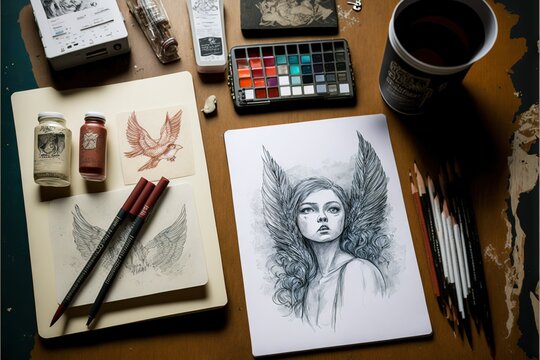 a drawing of a woman with wings on a table with a cup of coffee and other art supplies on it and a notebook with a pencil and a cup of ink and a pencil on the table.