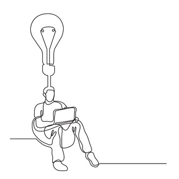 continuous line drawing man sitting with laptop finding new idea PNG image with transparent background