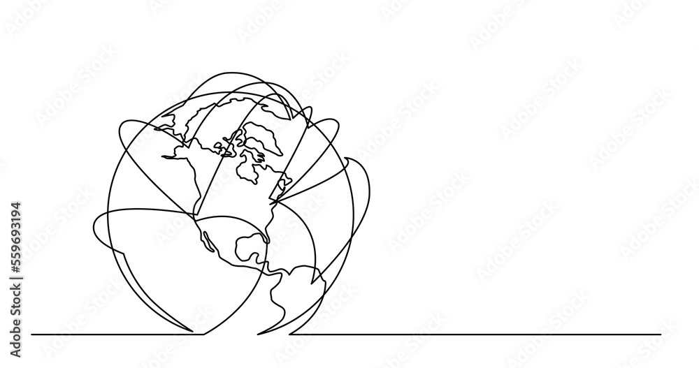 Wall mural continuous line drawing of world planet earth with airlines flights png image with transparent backg