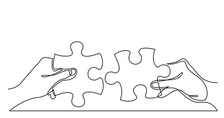 continuous line drawing of two hands with puzzle pieces connecting together PNG image with transparent background