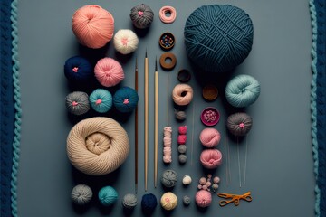 a table topped with balls of yarn and knitting needles next to yarn balls and knitting needles and knitting needles on a blue surface with a blue border and a pair of scissors and a pair of.