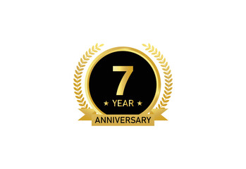 7 year anniversary celebration. Anniversary logo with ring and elegance golden color isolated on white background, vector design for celebration.