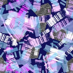 Seamless pattern of abstract elements in blue and purple shades on a dark background for textile.