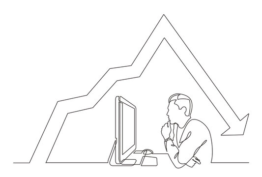 continuous line drawing office worker concentrated behind computer analyzing declining chart PNG image with transparent background