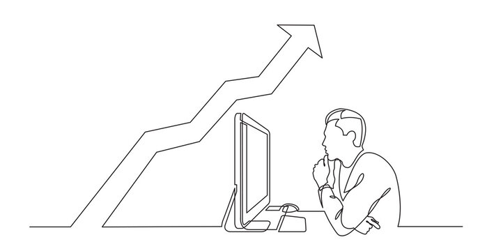 continuous line drawing office worker concentrated behind computer analyzing rising chart PNG image with transparent background
