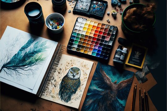 a table with a variety of art supplies and a bird on it's back side, including a watercolor palette, a brush, a palette, and a cup of watercolors.