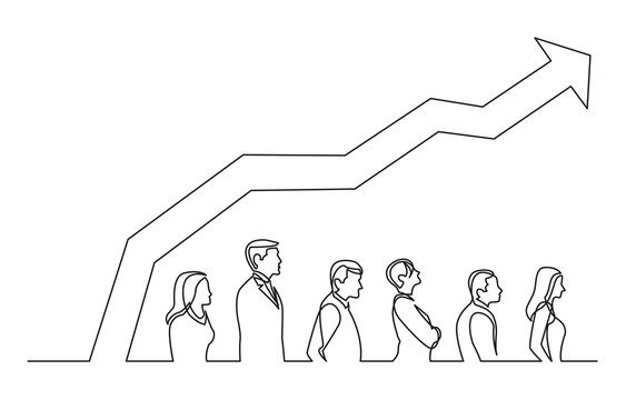 continuous line drawing people standing in line with rising chart PNG image with transparent background
