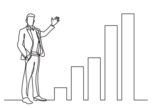 continuous line drawing standing businessman presenting increasing charts PNG image with transparent background