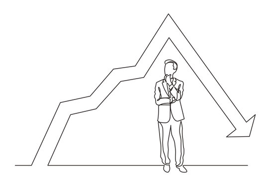 continuous line drawing standing thinking businessman with declining chart PNG image with transparent background