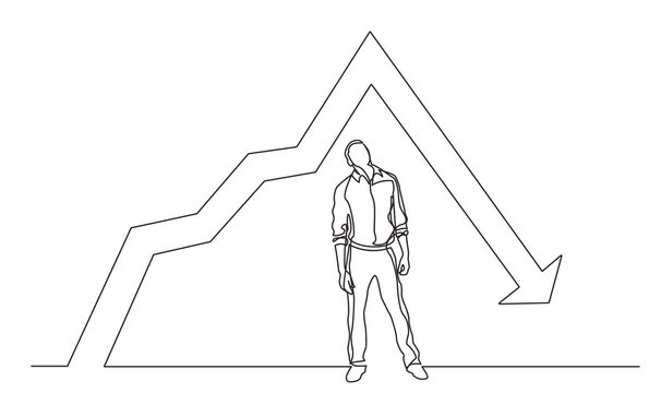 continuous line drawing standing thinking man looking at declining chart PNG image with transparent background