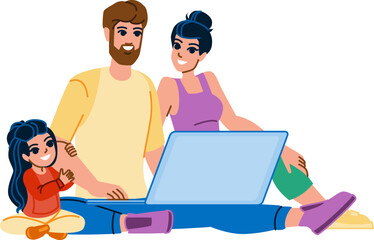 family computer vector. man home, laptop happy kid, internet father, online technology, parent woman family computer character. people flat cartoon illustration