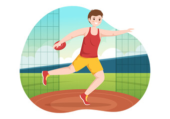 Discus Throw Playing Athletics Illustration with Throwing a Wooden Plate in Sports Championship Flat Cartoon Hand Drawn Templates