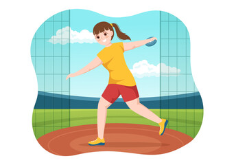 Discus Throw Playing Athletics Illustration with Throwing a Wooden Plate in Sports Championship Flat Cartoon Hand Drawn Templates