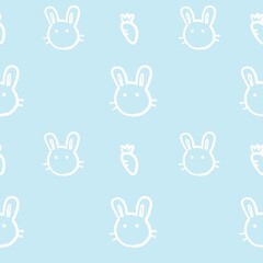 Obraz premium Cute bunny and carrot wallpaper pattern illustration on a pastel blue background. Used for gift wrapping paper and postcards.